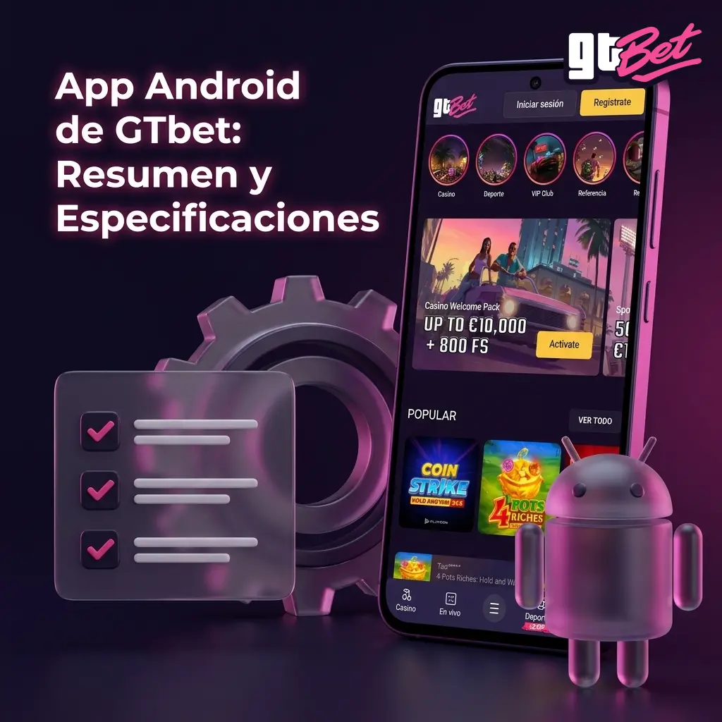 Especificaciones técnicas de la app Android de GTbet: versión 3.2.1, APK de 48 MB, compatible con Android 8.0 o superior