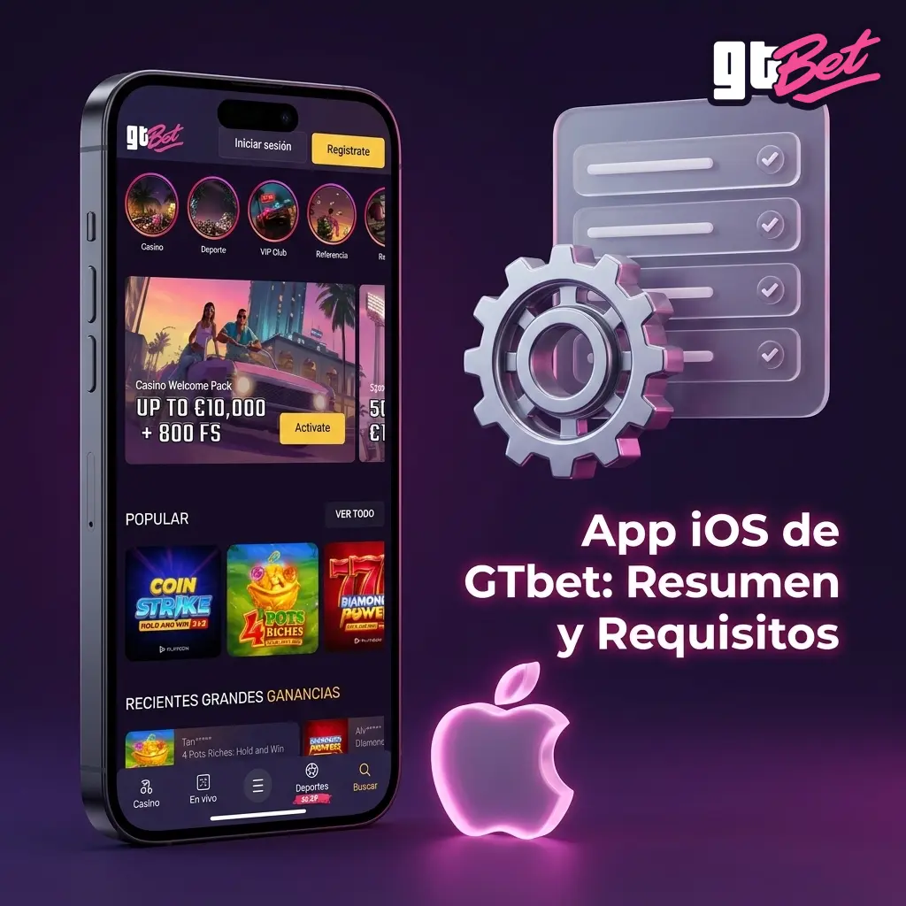 Tabla con requisitos y datos clave de la app iOS de GTbet, instalación PWA mediante Safari sin App Store