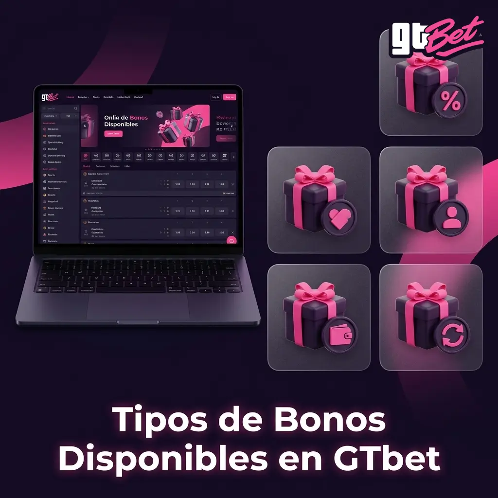 Tabla con los tipos de bonos de GTbet: bienvenida, recarga, cashback, tiradas gratis y programa VIP con sus requisitos.